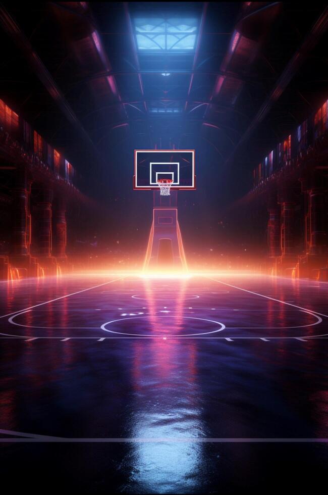 Dynamic 3D render Neon lit basketball court from a thrilling side perspective Vertical Mobile Wallpaper AI Generated photo