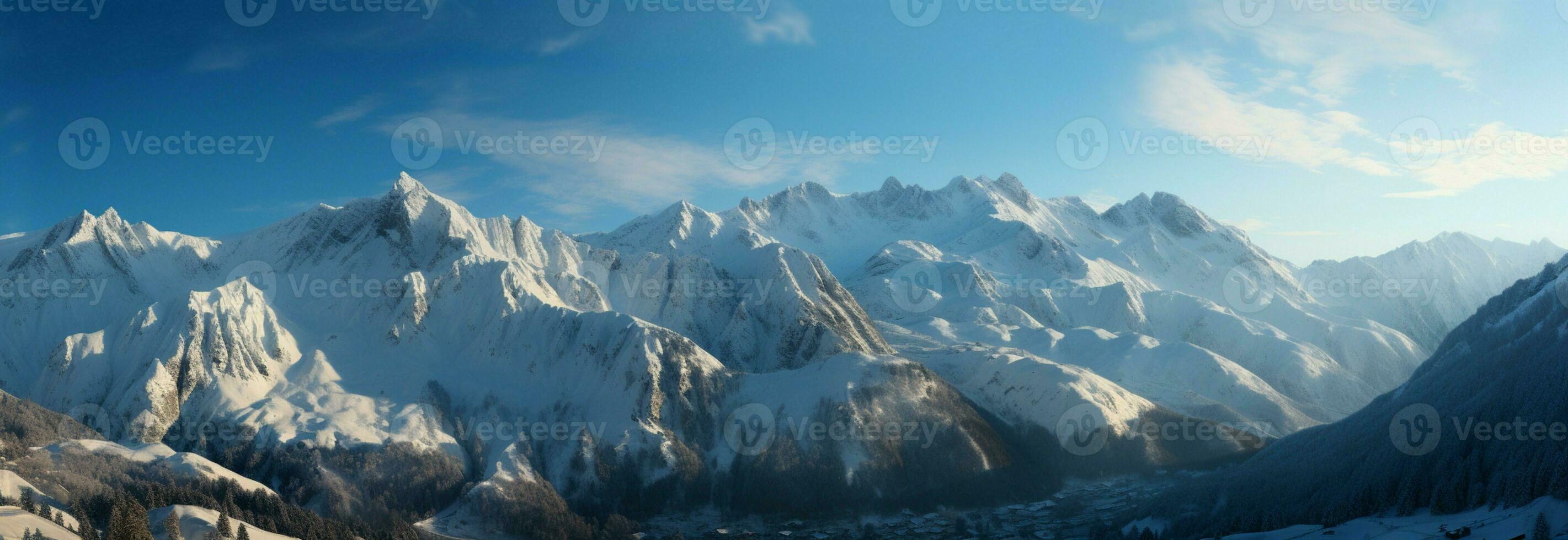 Snowy mountain vista, natures frozen masterpiece in the heart of winter AI Generated photo