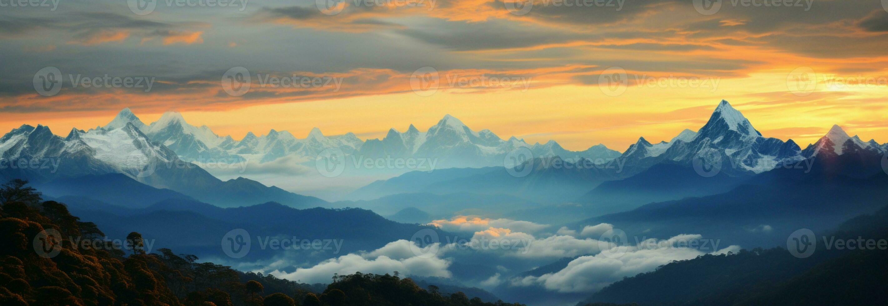 Sunset casts a stunning glow on the majestic high mountain peaks AI Generated photo