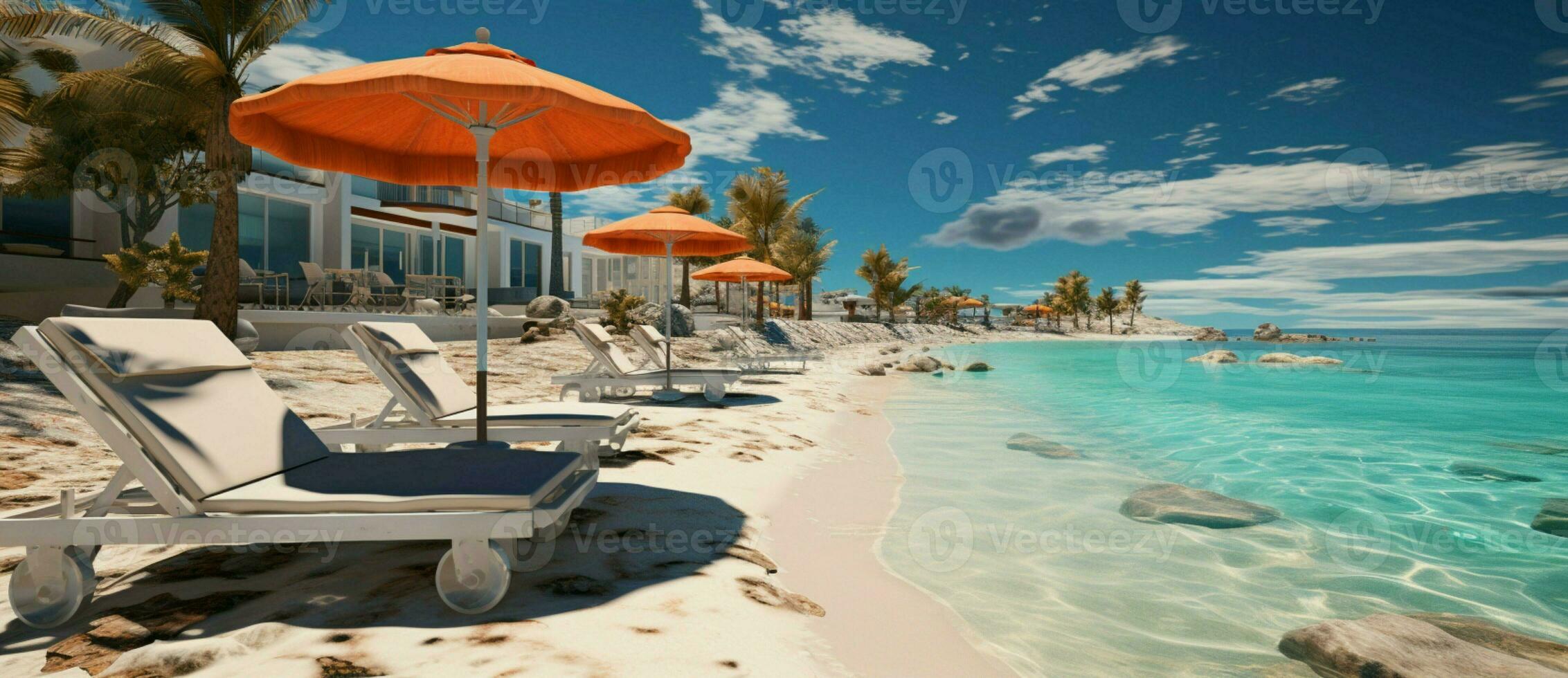 Beach resort with swimming pool and beach chairs AI Generated photo