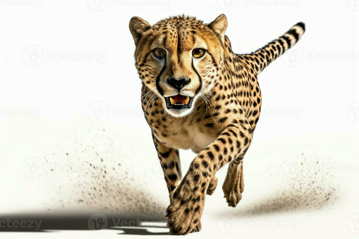 leopardo corriendo, capturado en cámara, aislado en contra un blanco antecedentes ai generado foto