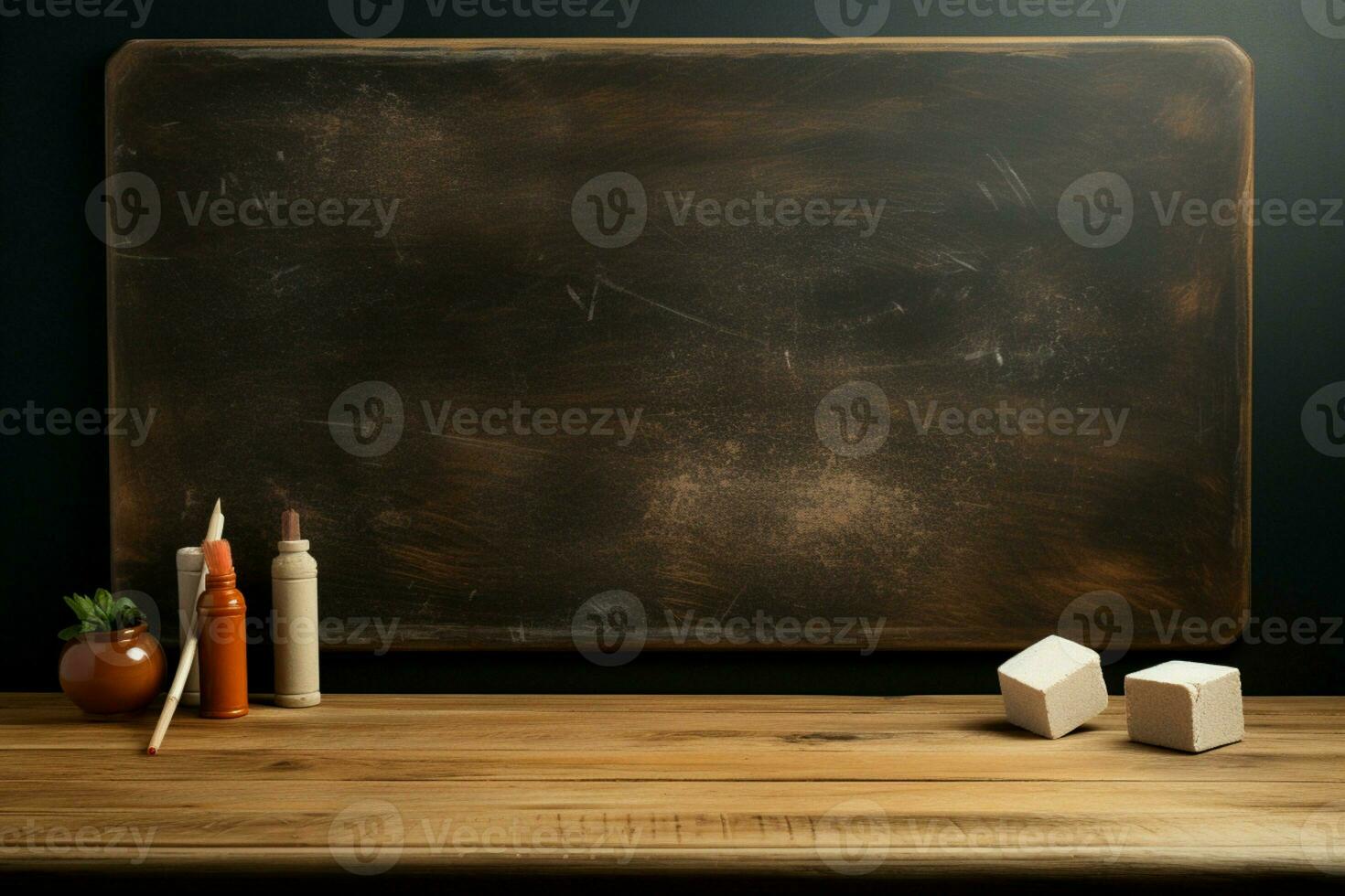 A classic setup Wooden desk with chalk and eraser for writing and drawing AI Generated photo