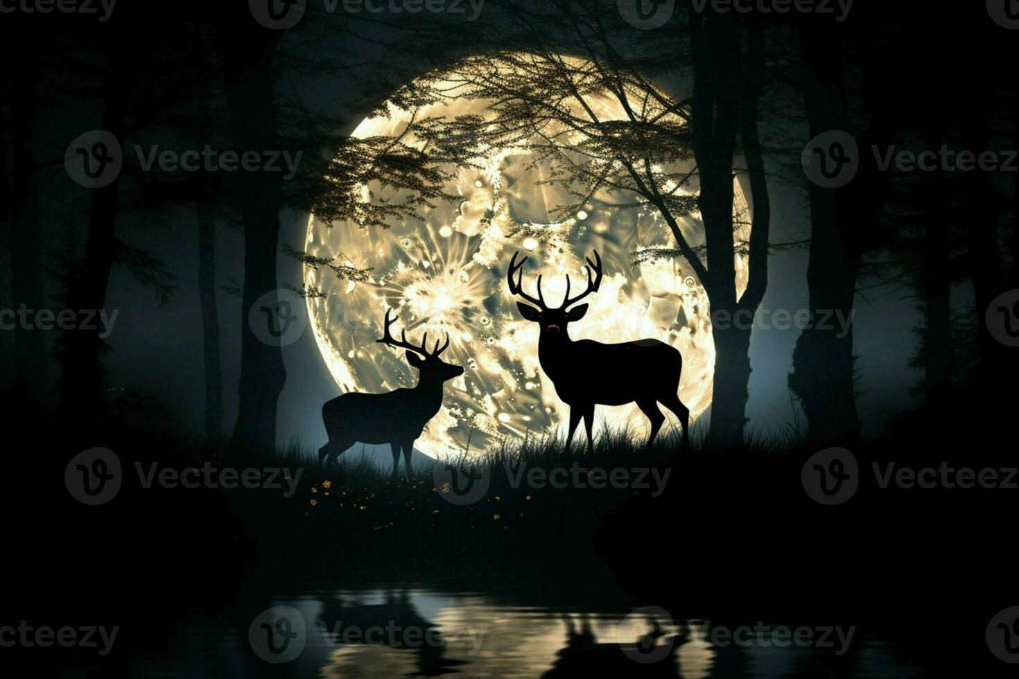 Deer silhouette in the moonlight, a serene and enchanting nocturnal scene AI Generated photo