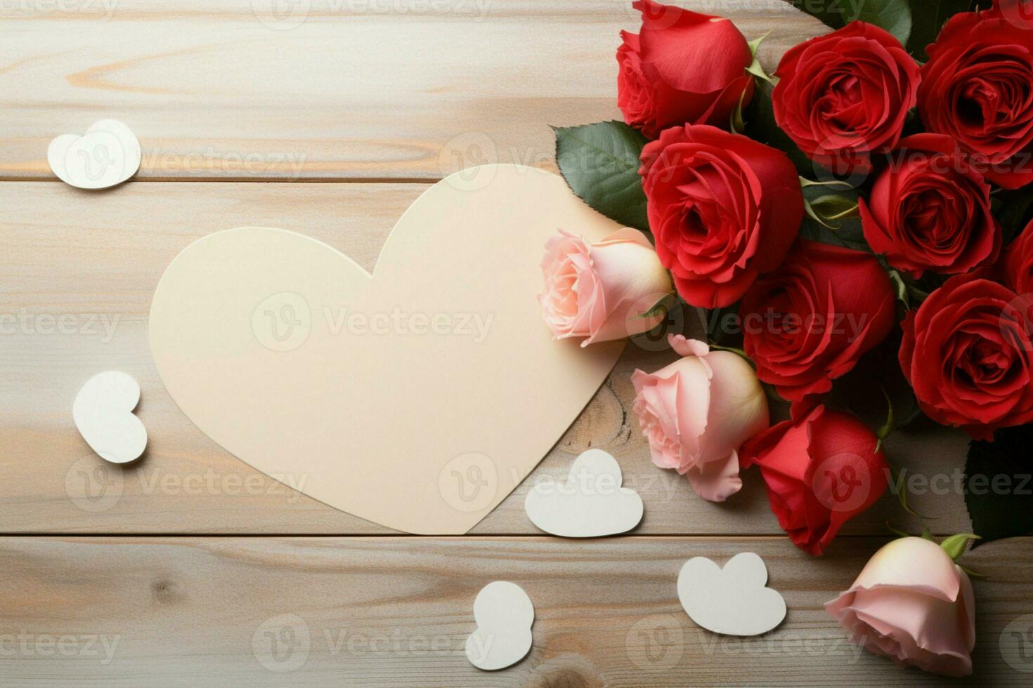 Greeting concept with roses, heart shapes, and a blank card on a wooden table AI Generated photo