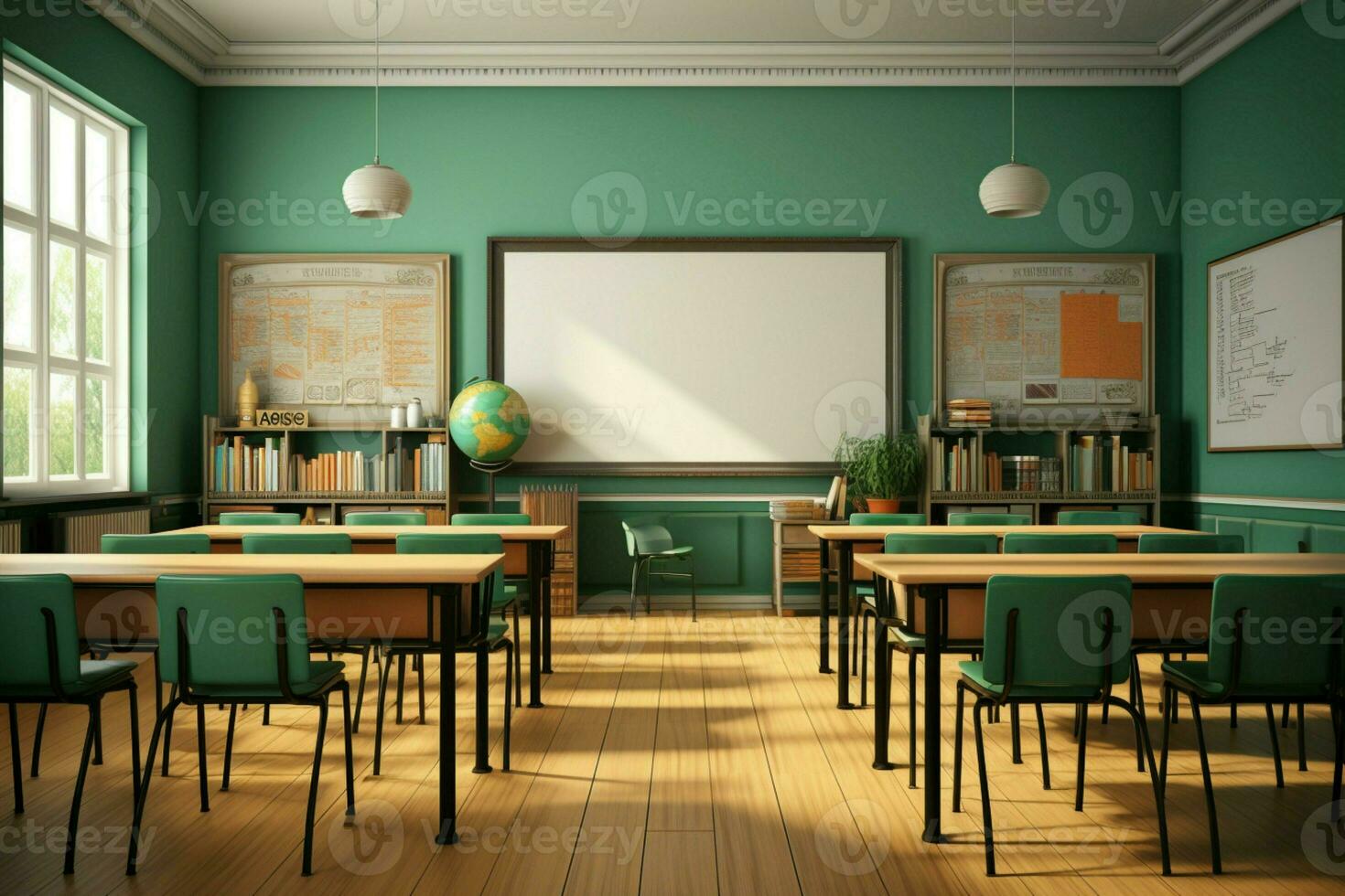 Interior shot of a school classroom featuring desks, chairs, and a blank chalkboard AI Generated photo