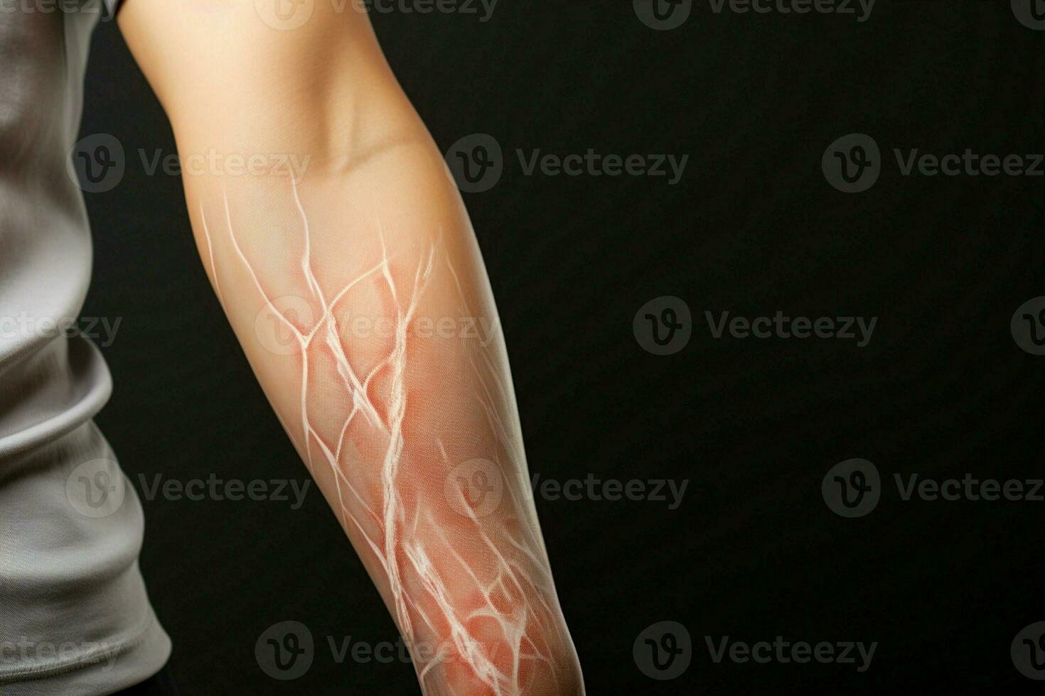 Injured adult female with elbow pain, illustrating lateral epicondylitis on gray background AI Generated photo