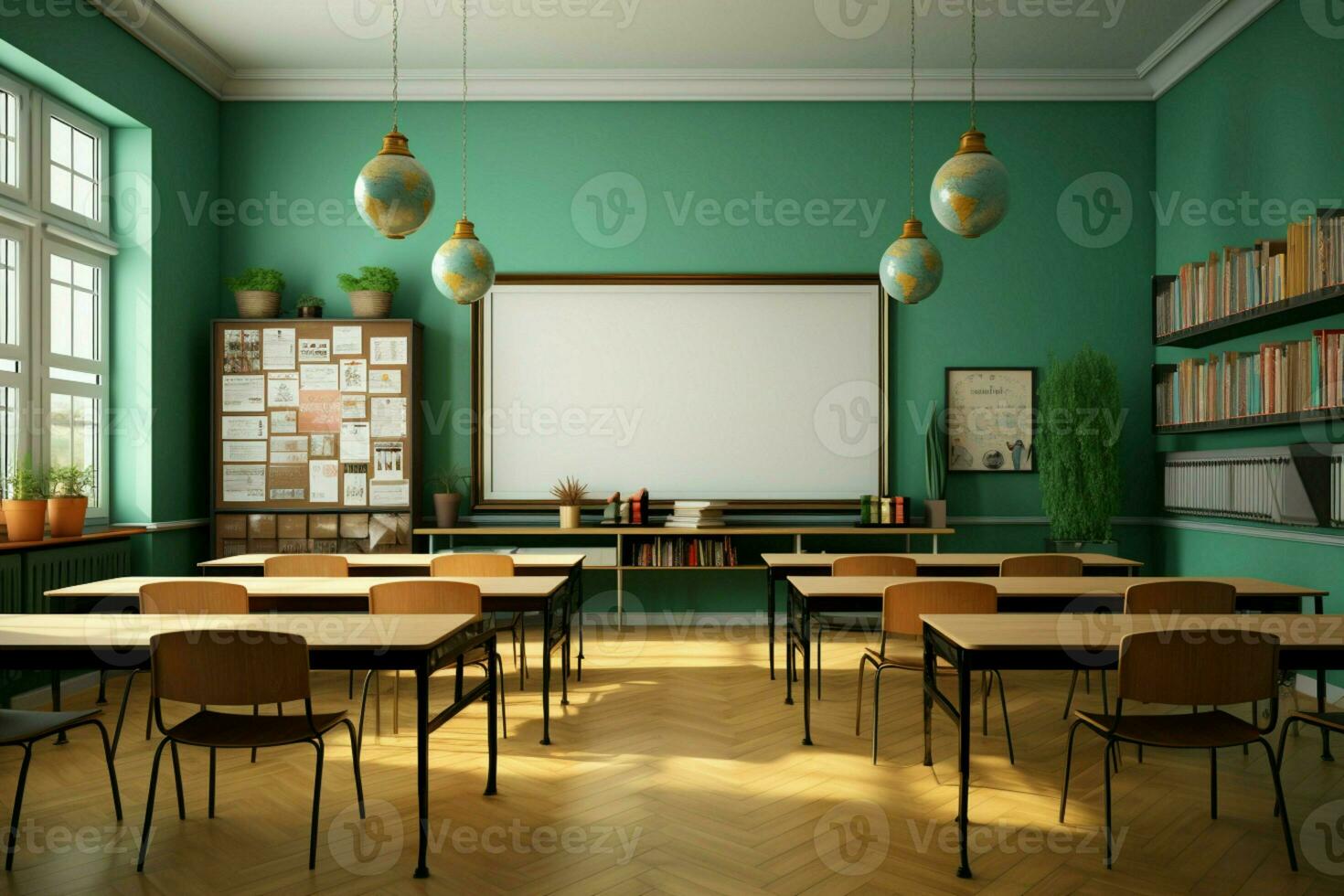 Interior shot of a school classroom featuring desks, chairs, and a blank chalkboard AI Generated photo