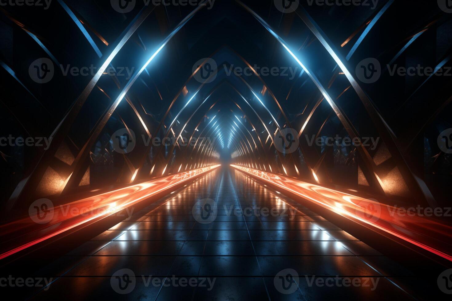 A 3D rendering showcases a dark tunnel illuminated by striking glowing light AI Generated photo