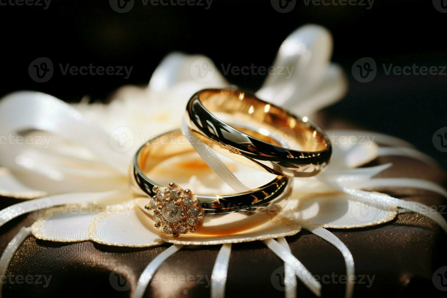 Wedding rings in silver and gold, set against a shimmering bokeh backdrop AI Generated photo