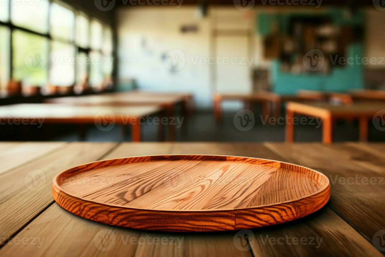 Wooden plate in perspective, offering an intriguing and textured background option AI Generated photo