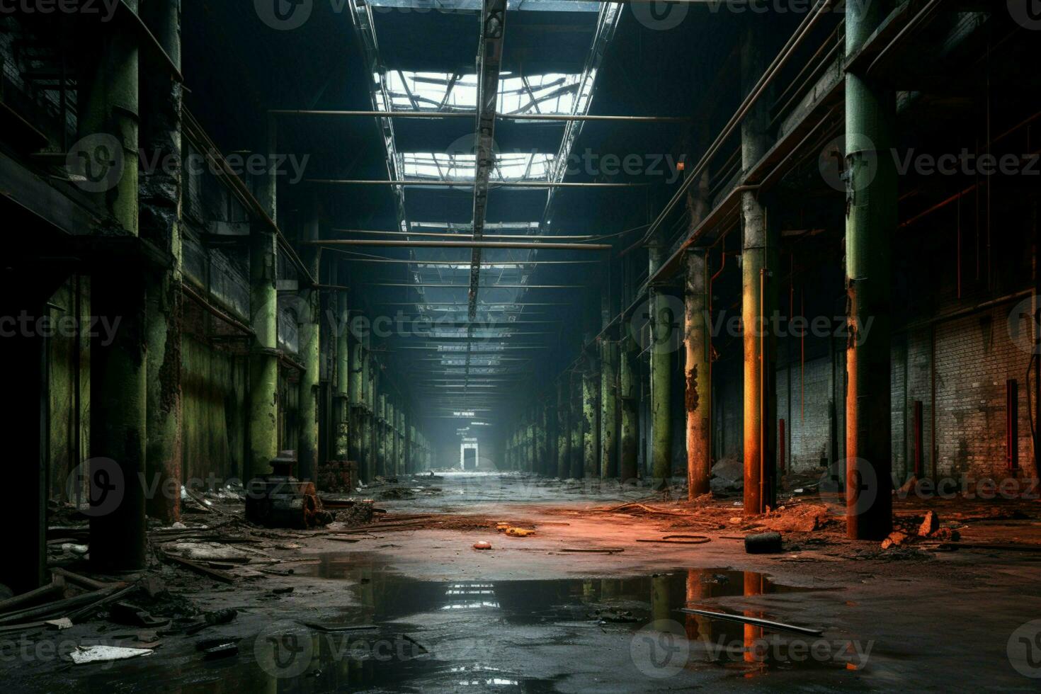 dentro el abandonado industrial estructura mentiras un fantasía inspirado, enigmático interior ambiente ai generado foto