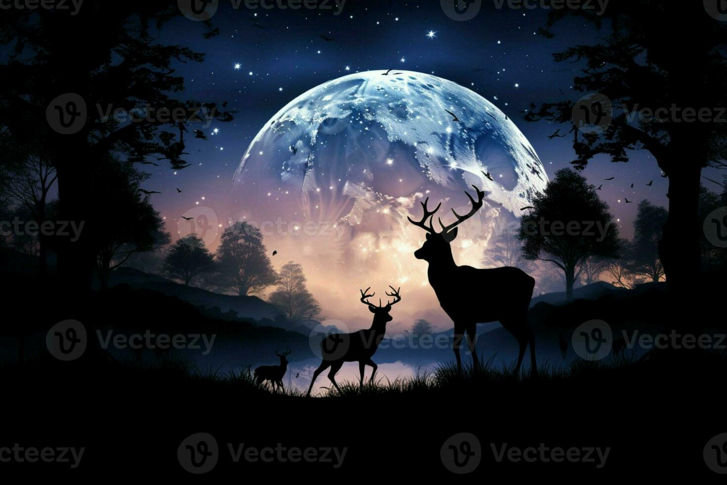un tranquilo noche escena un ciervos silueta enmarcado por un majestuoso Luna ai generado foto