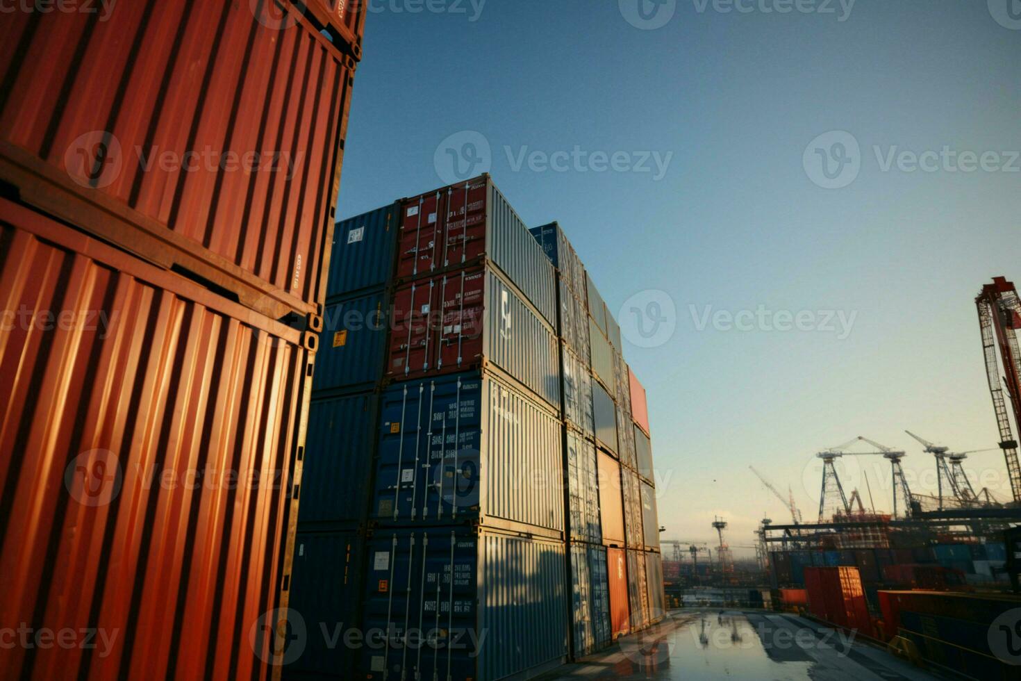 un bullicioso envase carga puerto, un vital cubo para el logística transporte industria ai generado foto