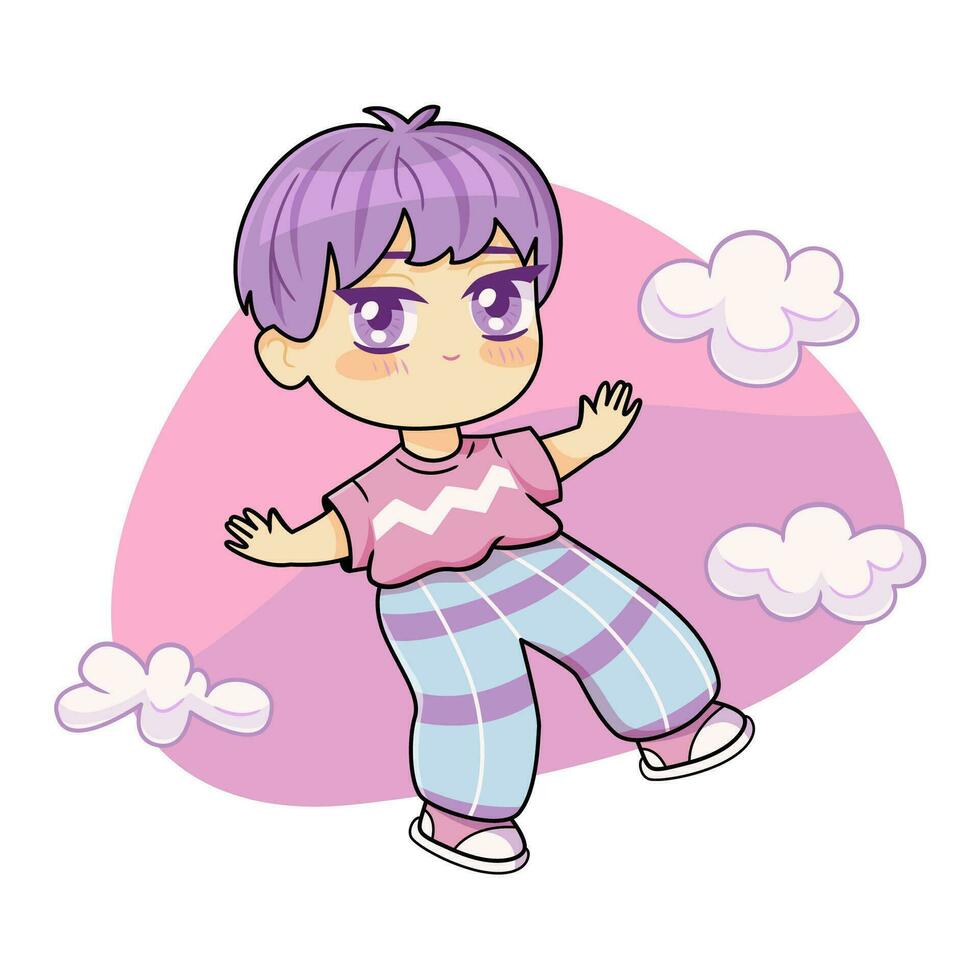 Colorful kawaii manga boy on the background of sky and clouds. vector