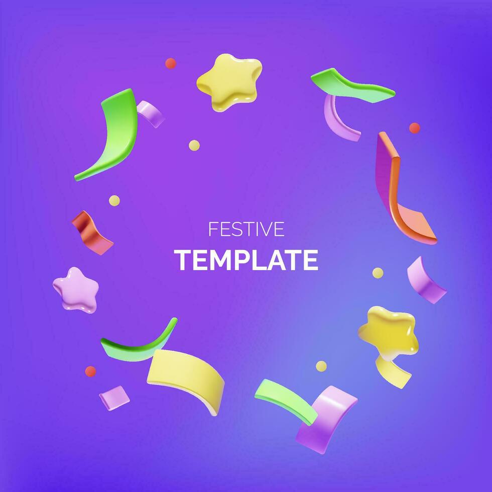 Festive template with colorful 3d confetti on a purple background. vector
