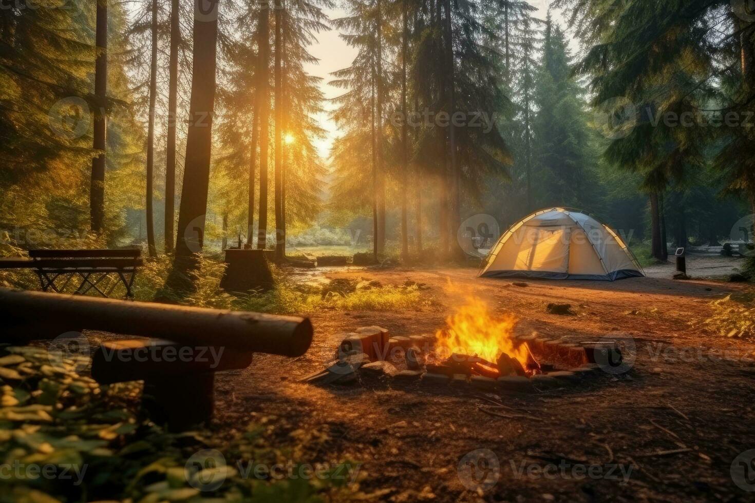 cámping en el playa en el Mañana ver publicidad paisaje fotografía ai generado foto