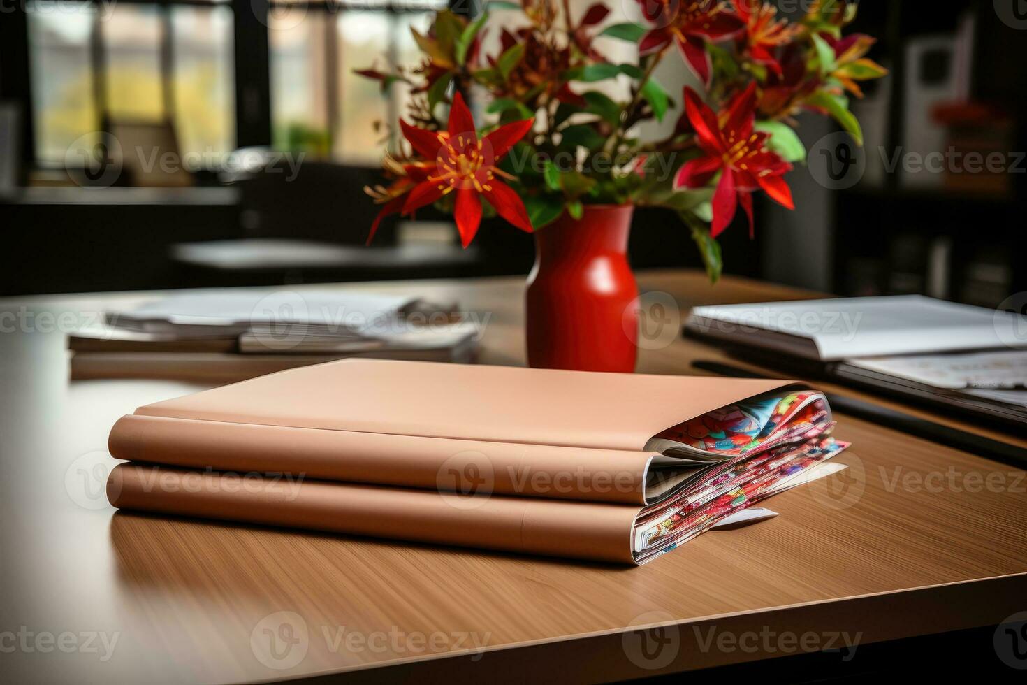 Close Up of a minimalist office desk with book and supplies ai generated photo