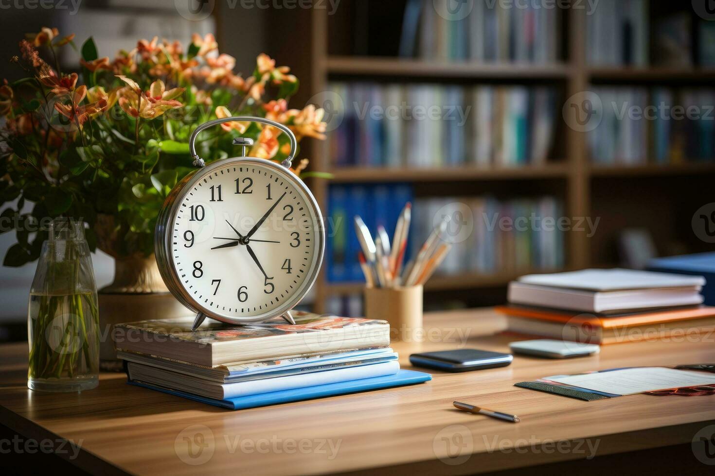 Close up of a modern office desk with book and supplies ai generated photo