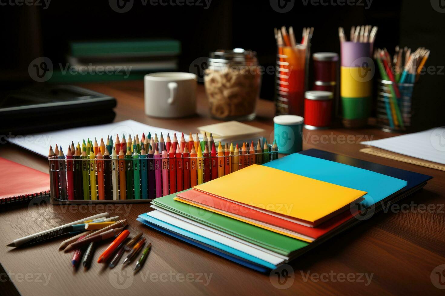 Close up of a modern office desk with paper and supplies ai generated photo