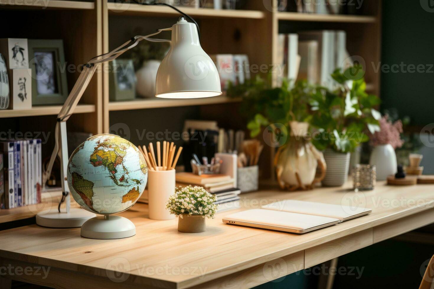 Close up of a scandinavian office desk with book and supplies ai generated photo