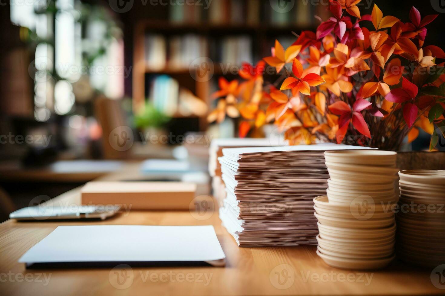 Close up of a scandinavian office desk with paper and supplies ai generated photo