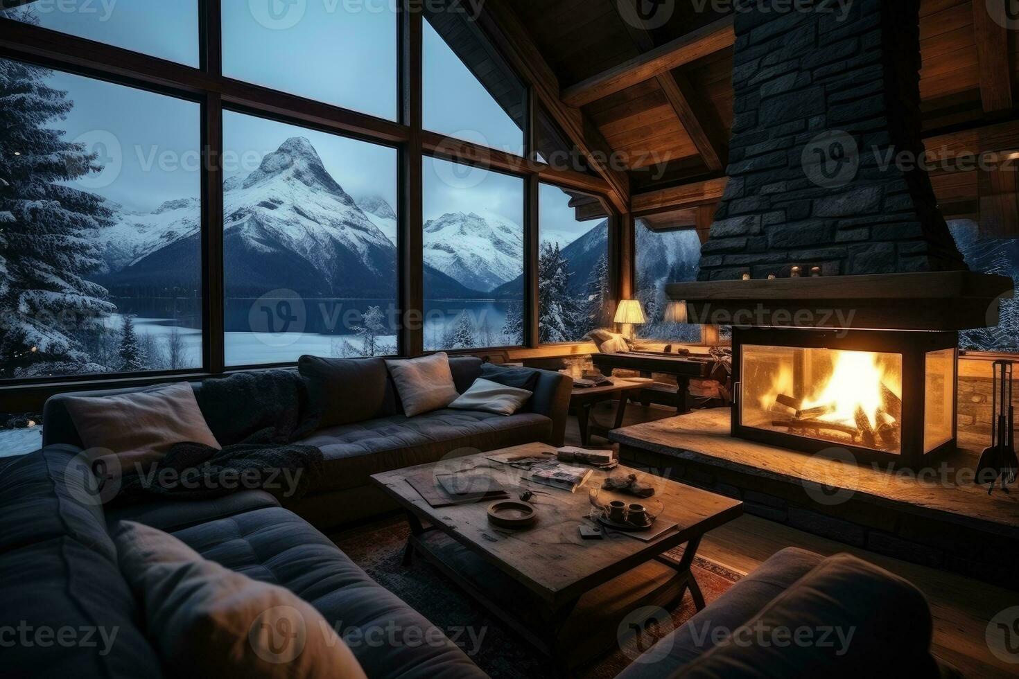 View of snow mountains in winter from inside the cabin advertising photography photo