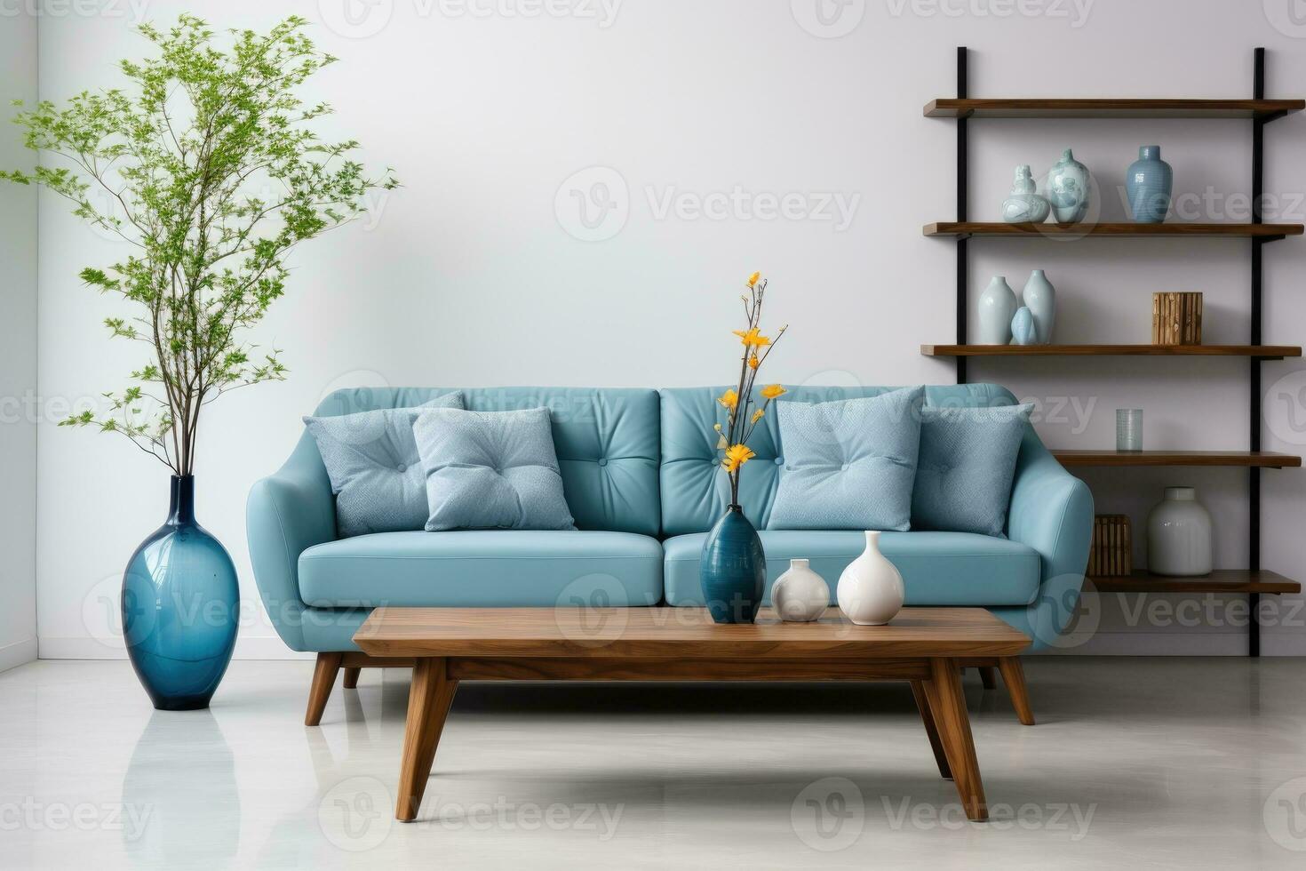 blue sofa and white wall in modern living room professional advertising photography AI Generated photo