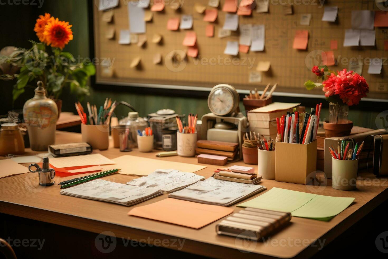 desk with documents and sticky notes and stationary professional advertising photography AI Generated photo