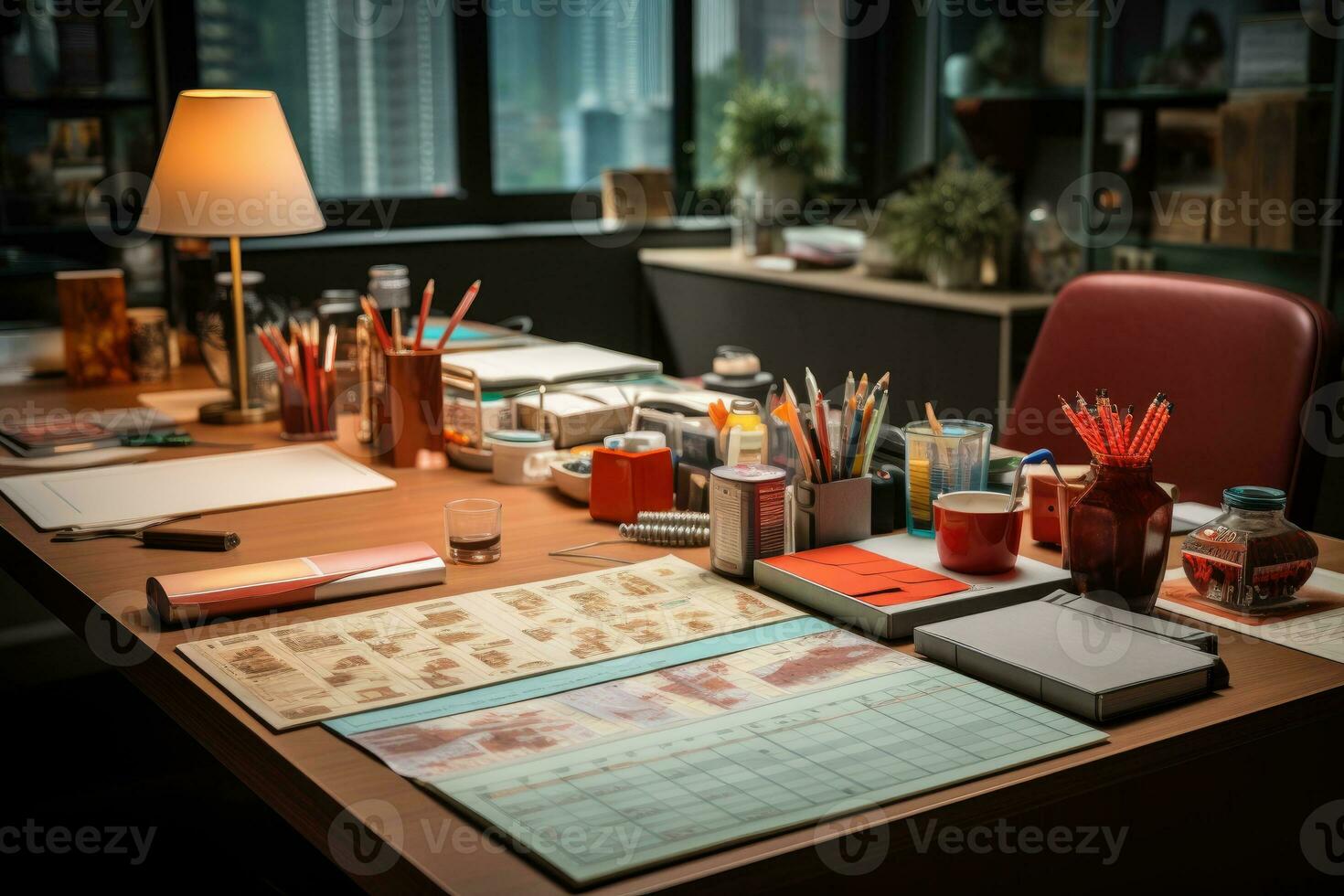 desk with documents and sticky notes and stationary professional advertising photography AI Generated photo