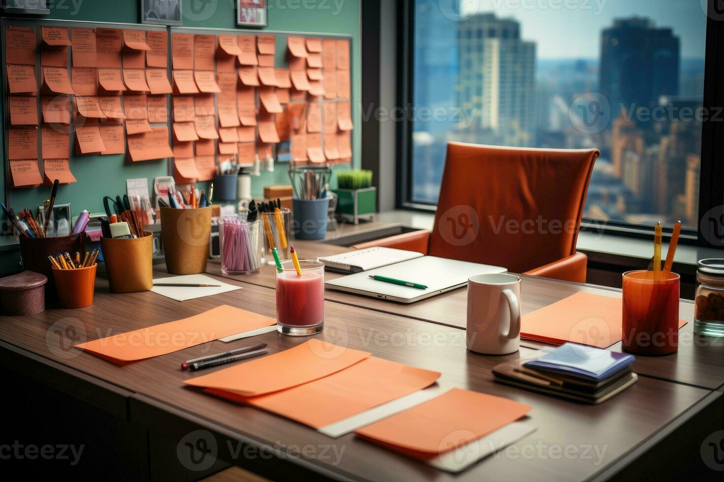 desk with documents and sticky notes and stationary professional advertising photography AI Generated photo