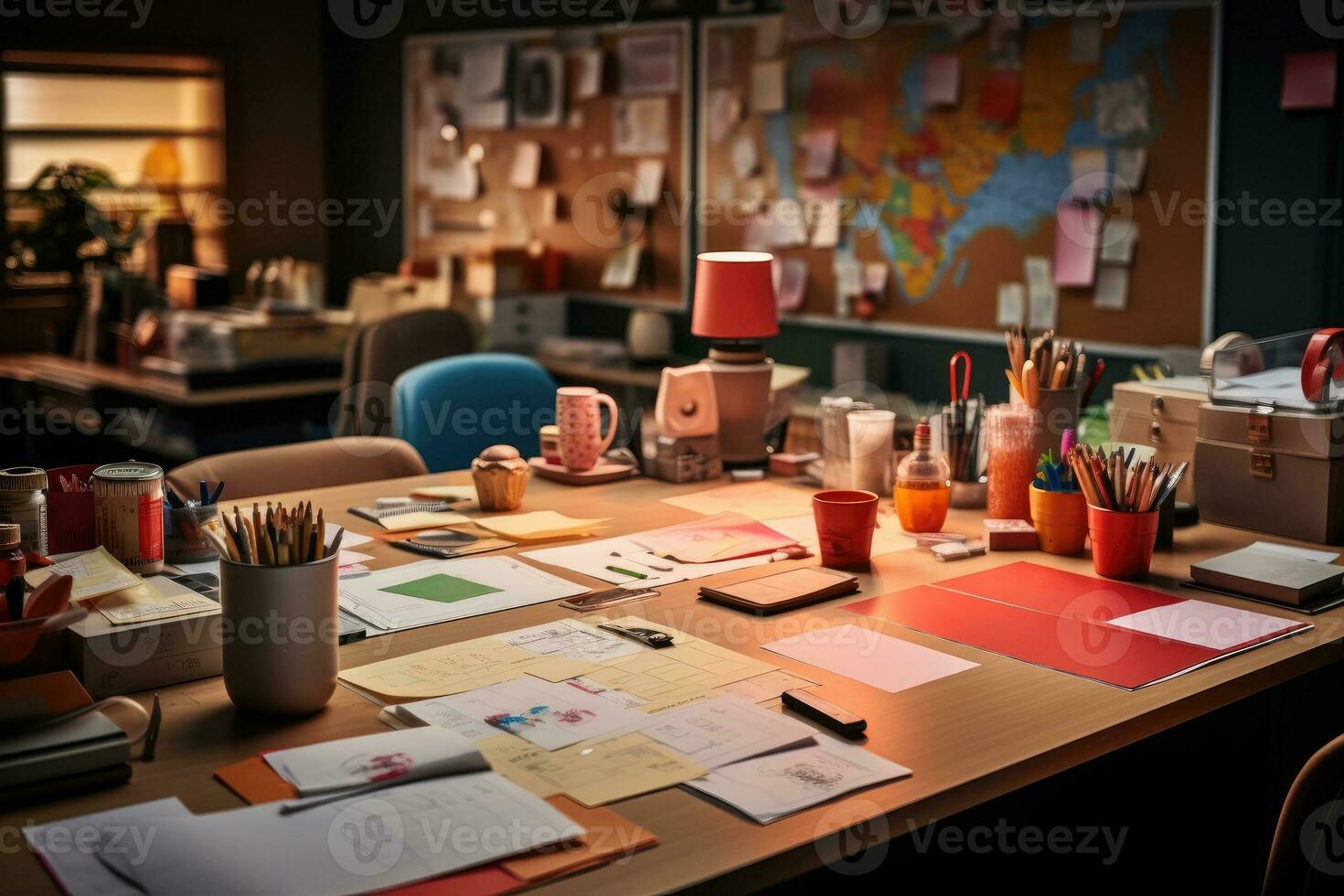 desk with documents and sticky notes and stationary professional advertising photography AI Generated photo