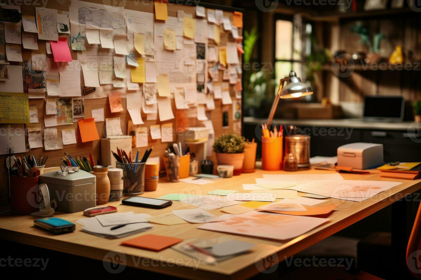 desk with documents and sticky notes and stationary professional advertising photography AI Generated photo