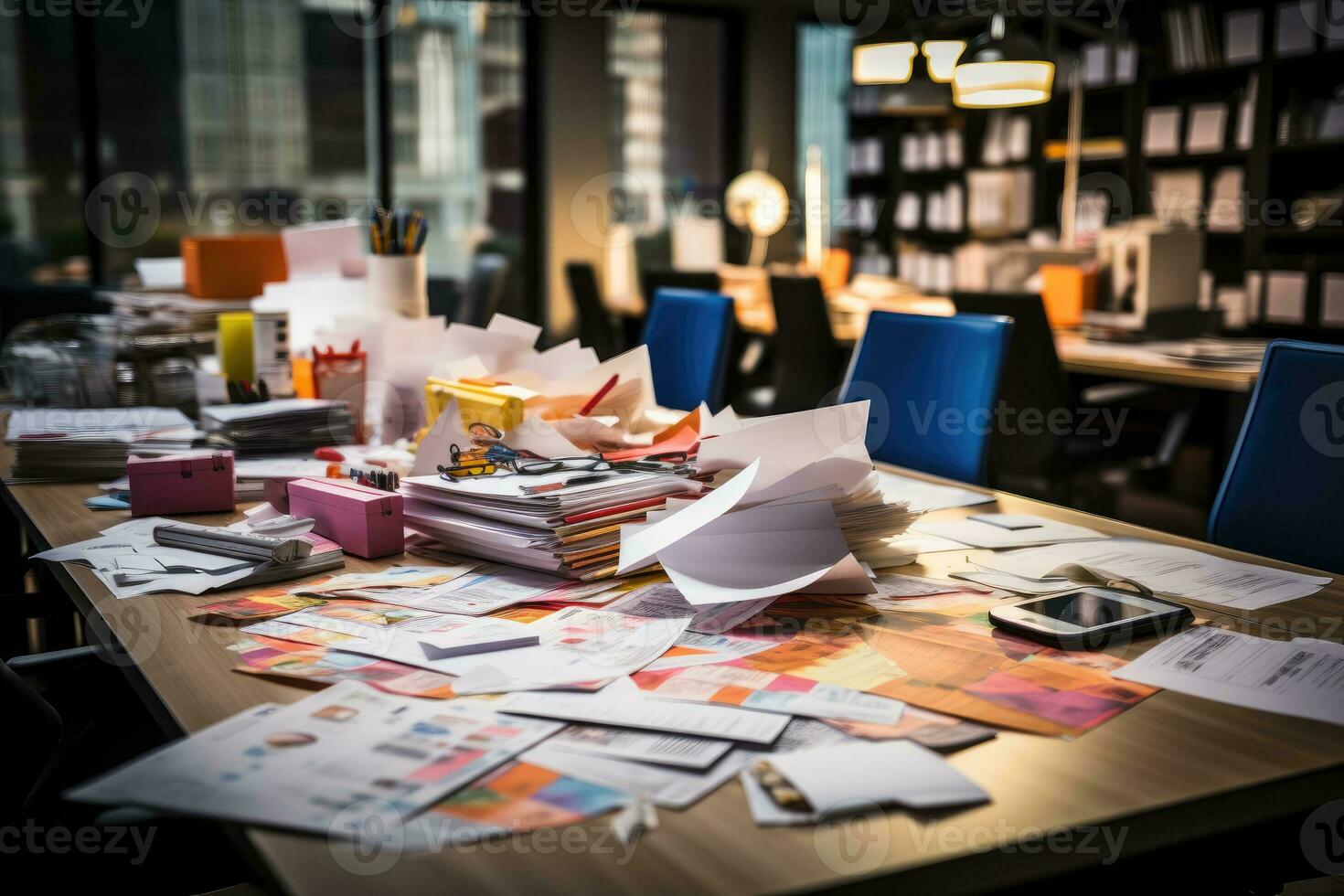 desk with documents and sticky notes and stationary professional advertising photography AI Generated photo