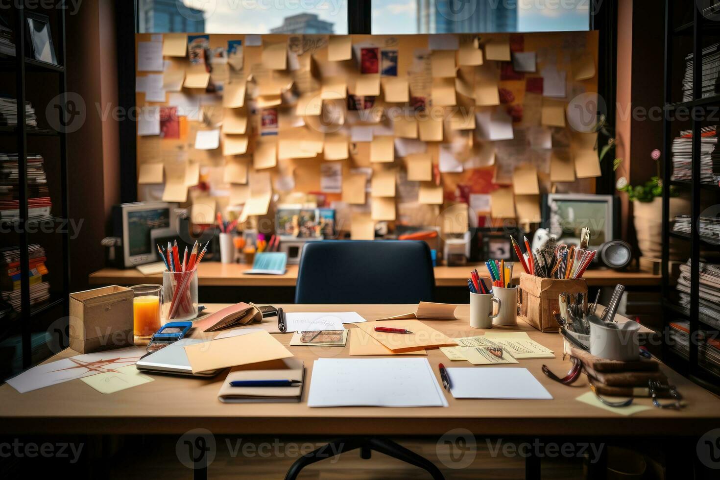 desk with documents and sticky notes and stationary professional advertising photography AI Generated photo