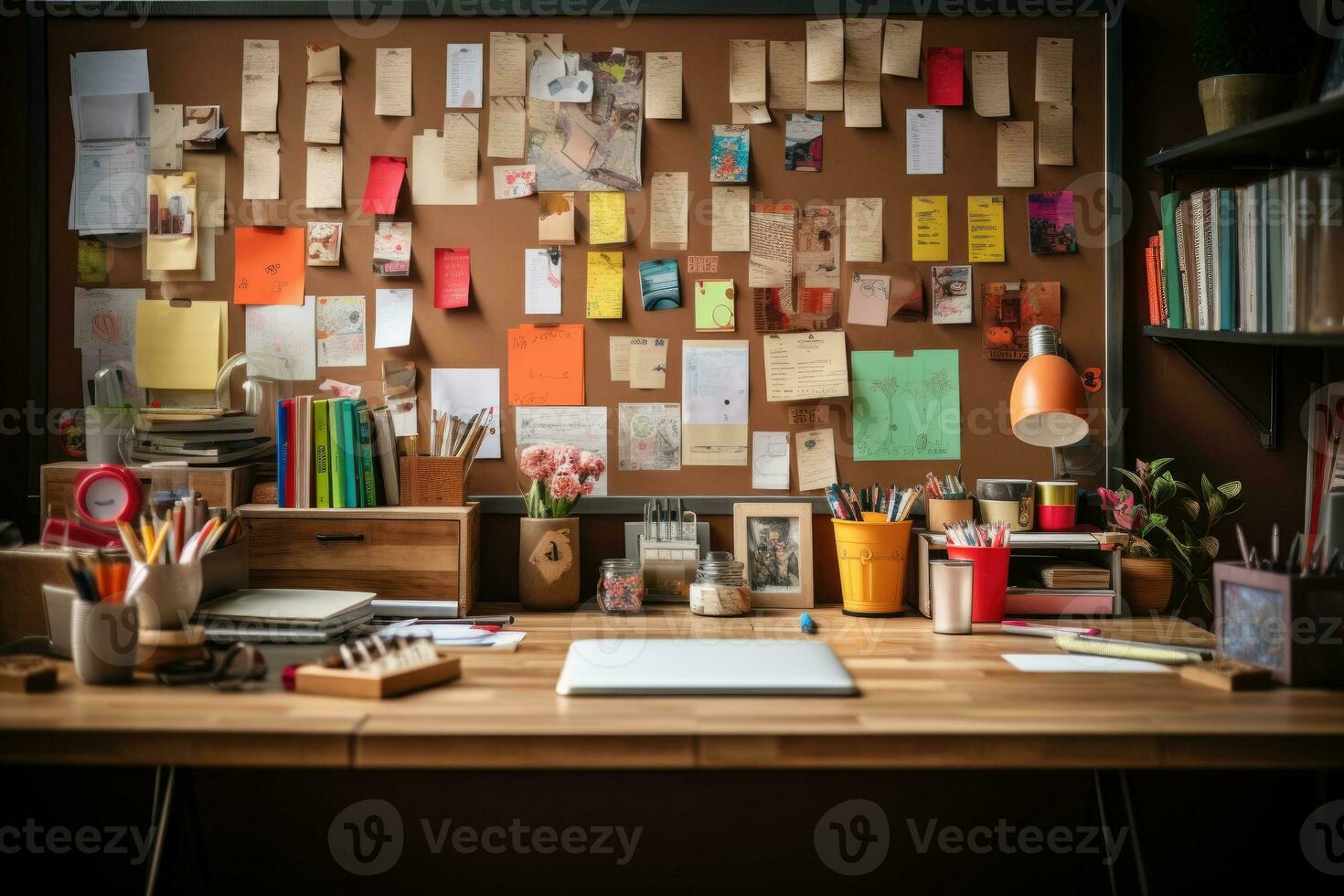 desk with documents and sticky notes and stationary professional advertising photography AI Generated photo