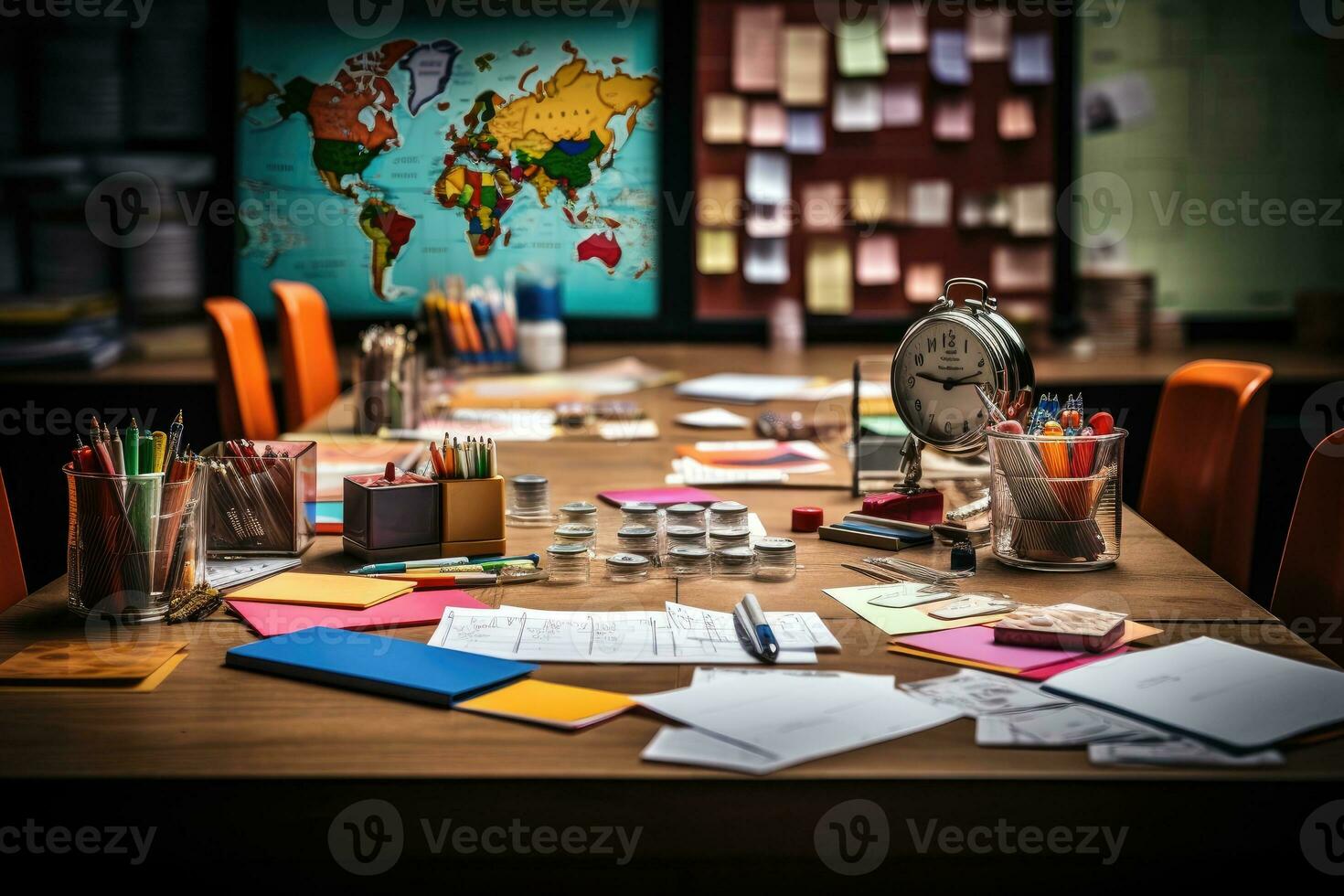 desk with documents and sticky notes and stationary professional advertising photography AI Generated photo