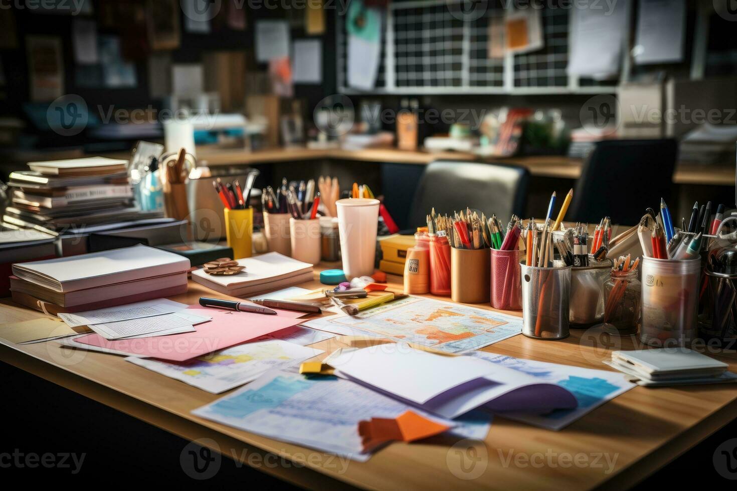 desk with documents and sticky notes and stationary professional advertising photography AI Generated photo