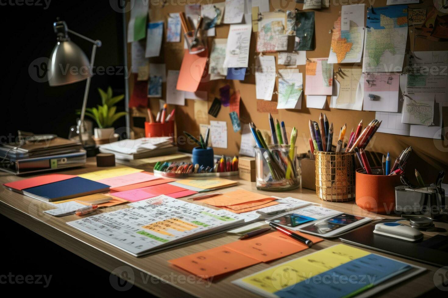 desk with documents and sticky notes and stationary professional advertising photography AI Generated photo