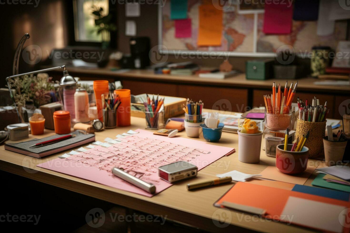 desk with documents and sticky notes and stationary professional advertising photography AI Generated photo