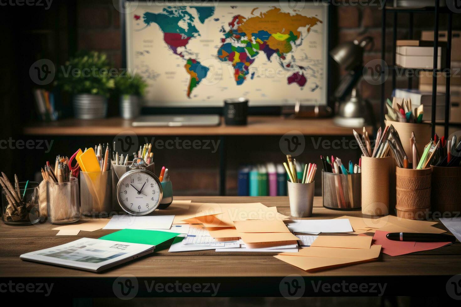 desk with documents and sticky notes and stationary professional advertising photography AI Generated photo