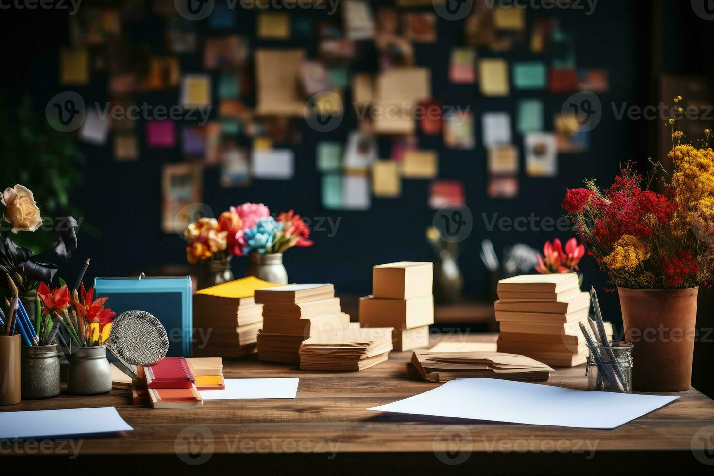 desk with documents and sticky notes and stationary professional advertising photography AI Generated photo