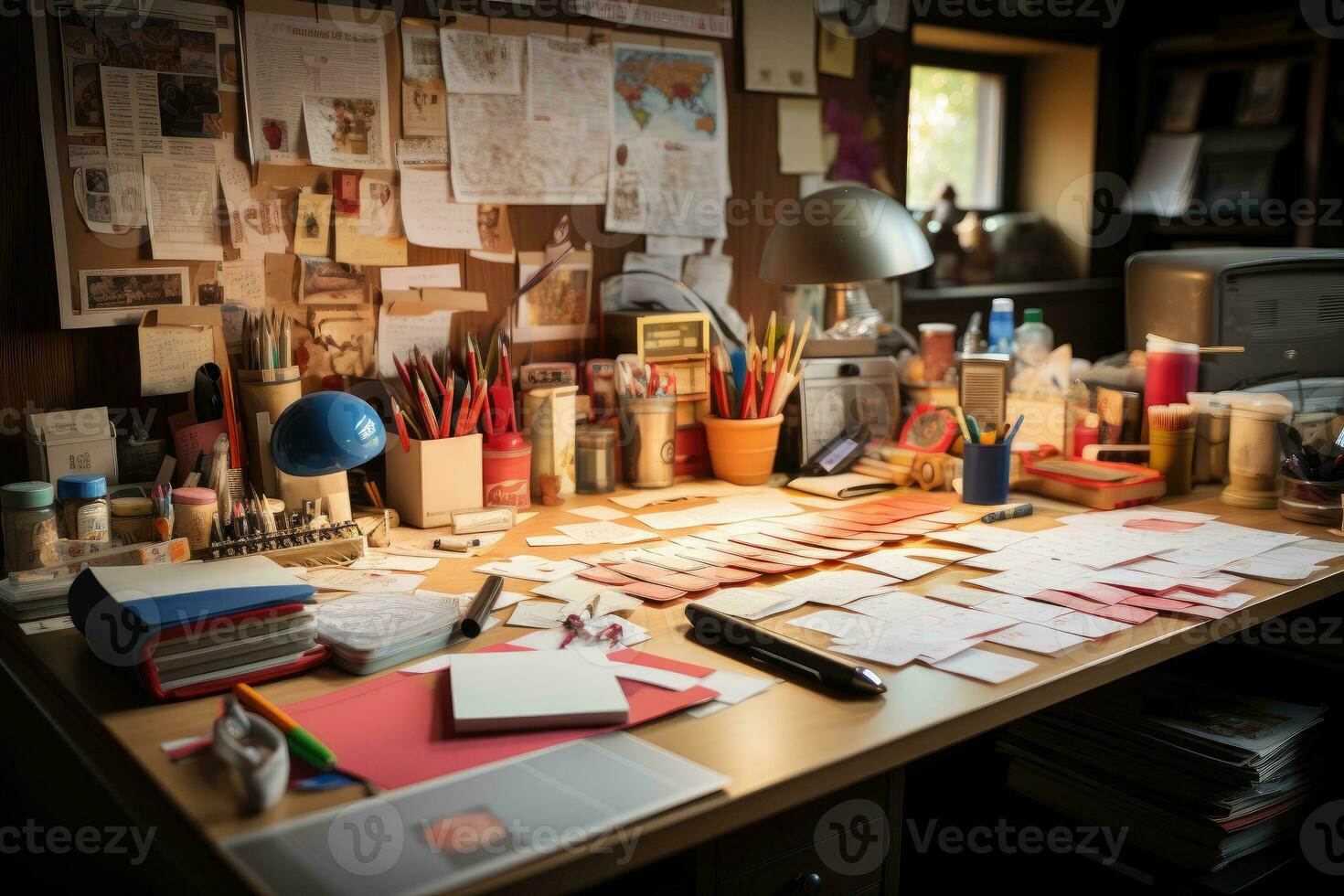 desk with documents and sticky notes and stationary professional advertising photography AI Generated photo