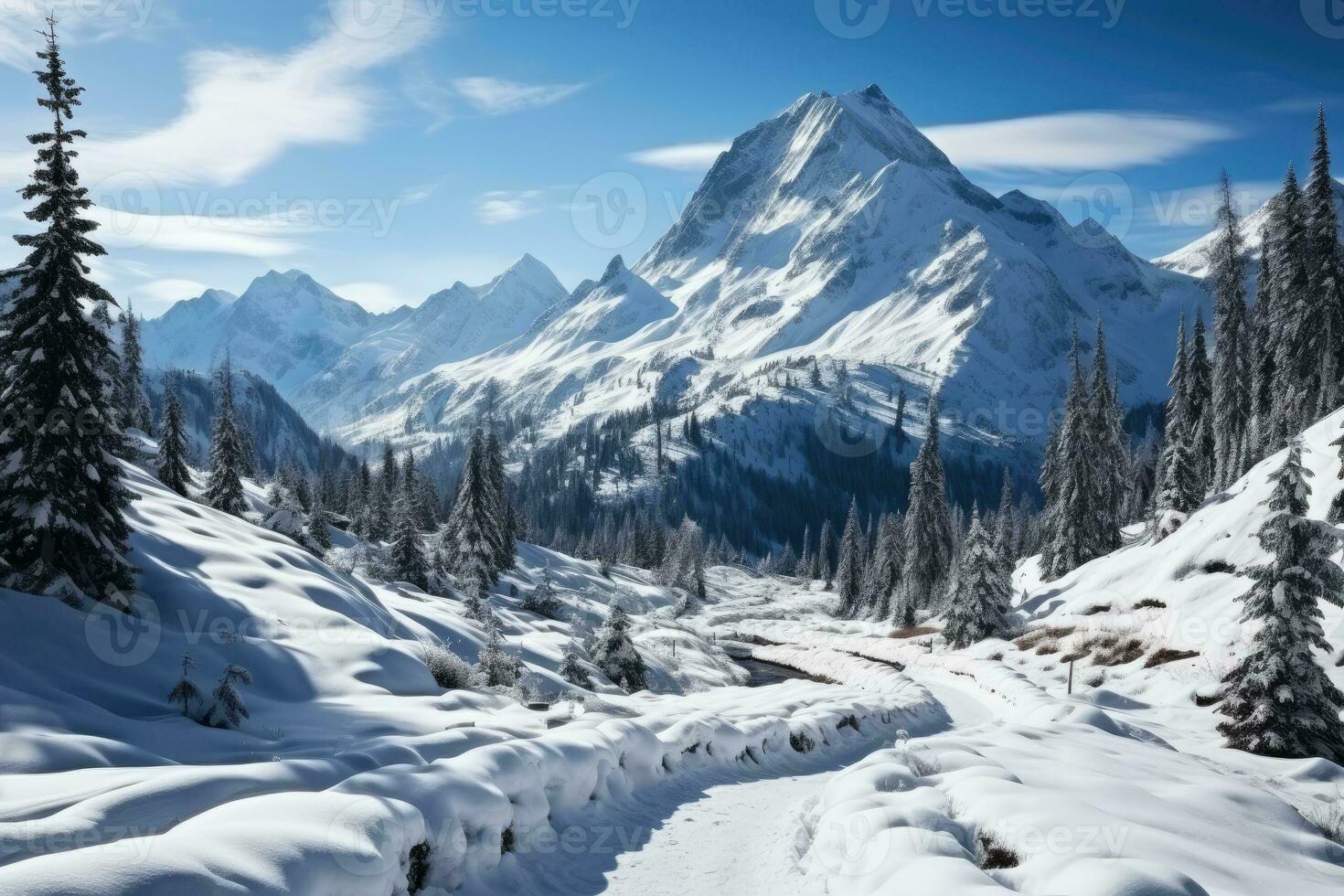 snowy mountains and forest landscape AI Generated photo