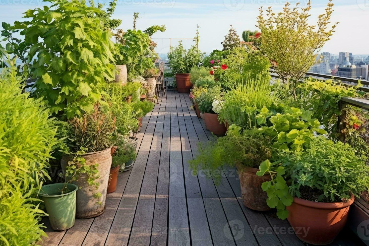 stock photo of rooftop terrace garden design AI Generated