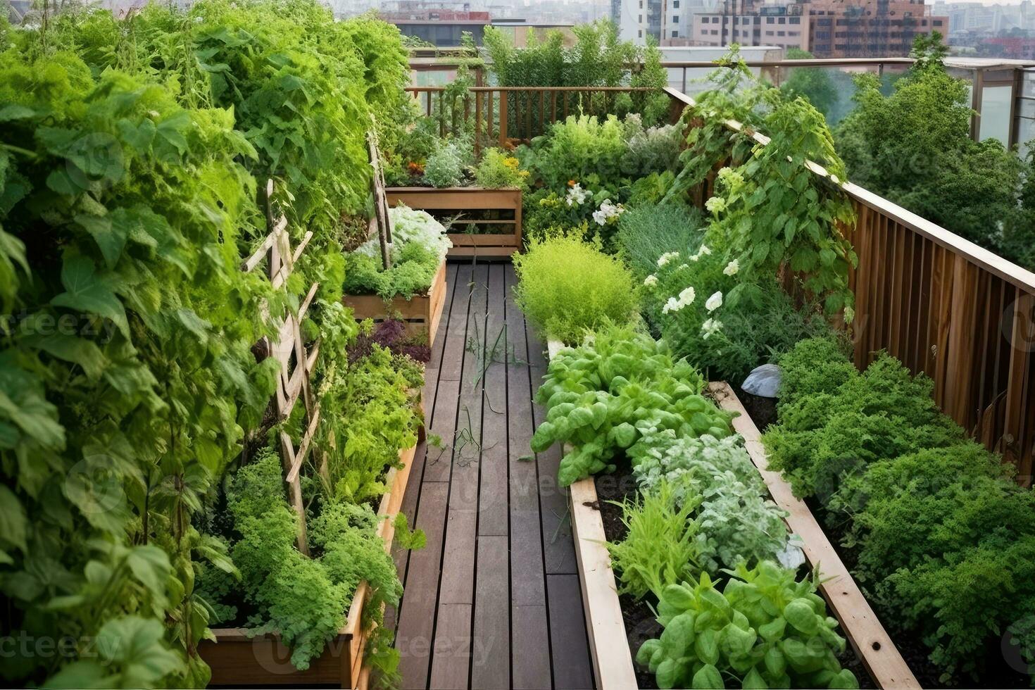 stock photo of rooftop terrace garden design AI Generated