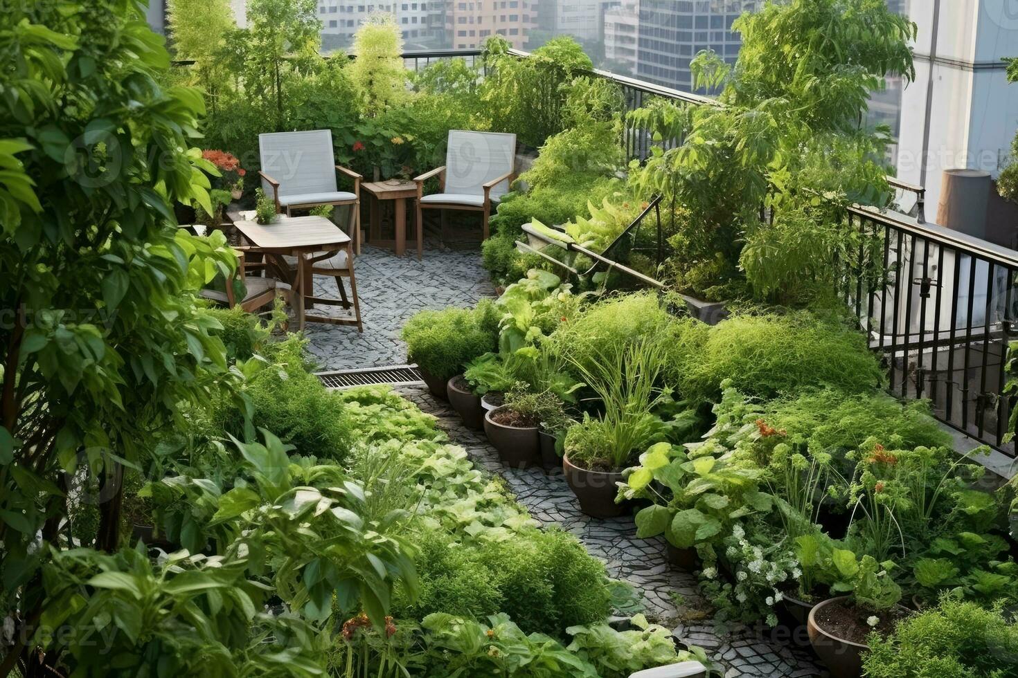 stock photo of rooftop terrace garden design AI Generated