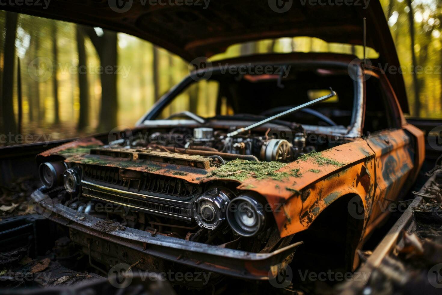 inside rusty car hood engine professional advertising photography AI Generated photo
