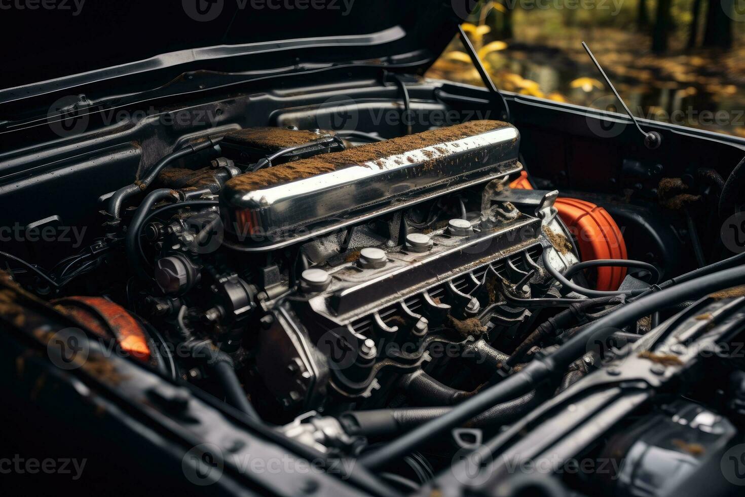 inside rusty car hood engine professional advertising photography AI Generated photo