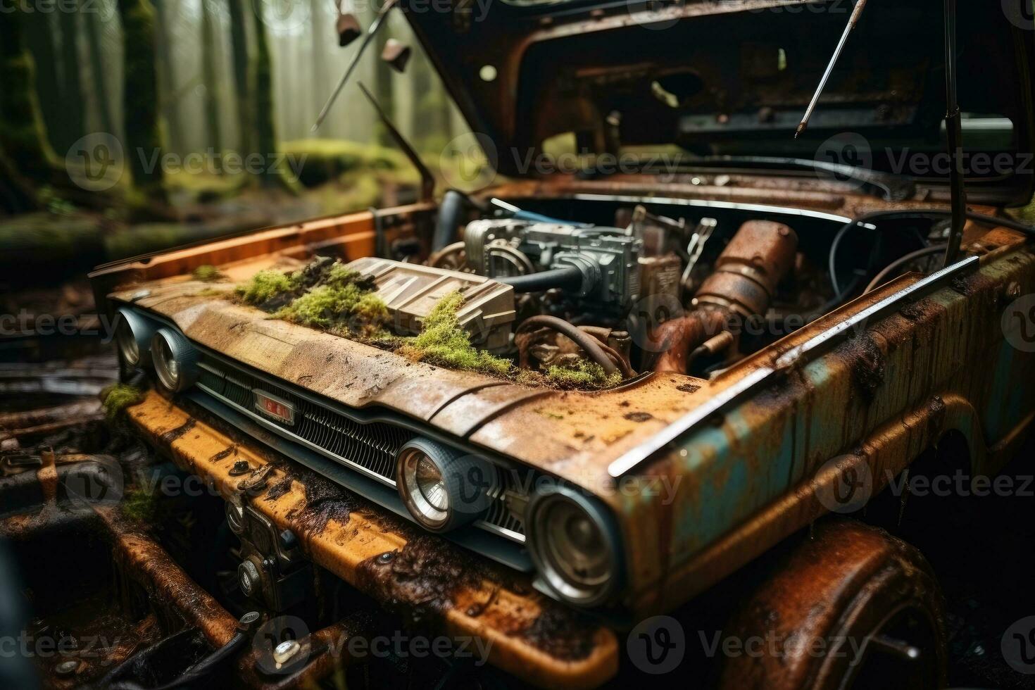 inside rusty car hood engine professional advertising photography AI Generated photo