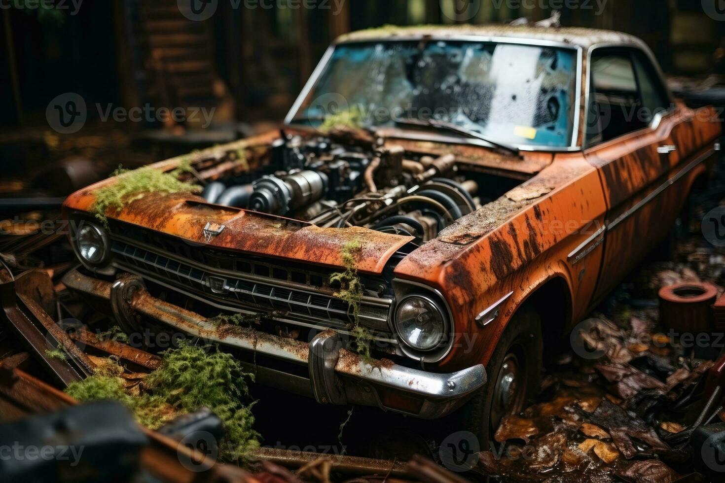 inside rusty car hood engine professional advertising photography AI Generated photo